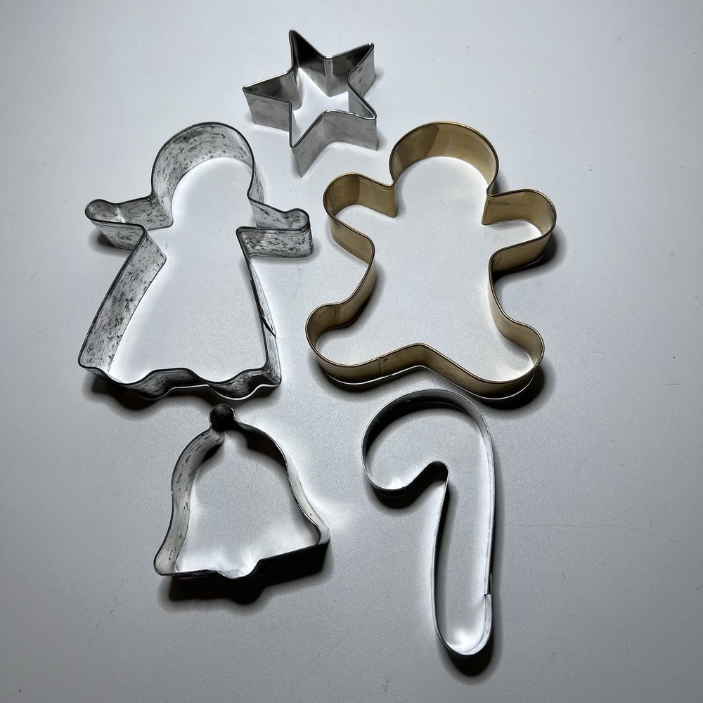 5 Vtg Metal Christmas Cookie Cutters Gingerbread Man‎ Candy Cane Angel Star Bell